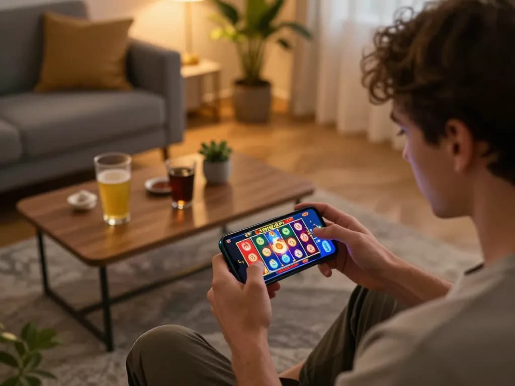 Player enjoying an IWIN68 mobile casino game on a smartphone in a cozy home setting with refreshments.