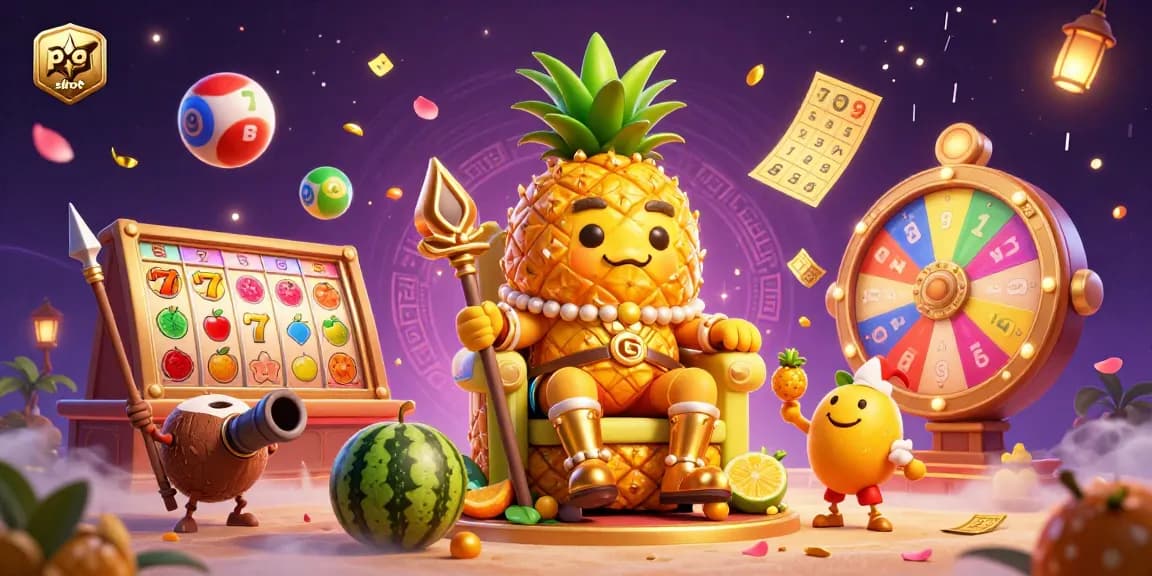 Engage with PG Slot action featuring a vibrant golden pineapple king and dynamic game elements.