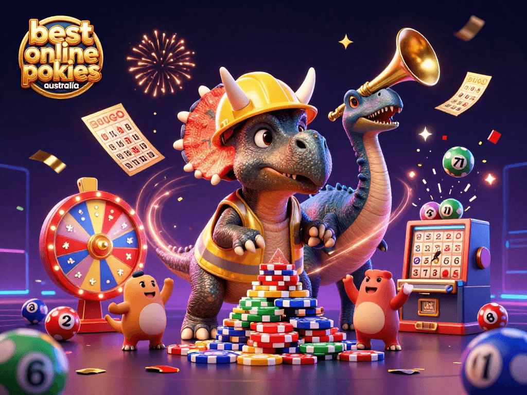 Experience the excitement of the best online pokies Australia with vibrant characters in a thrilling casino scene.