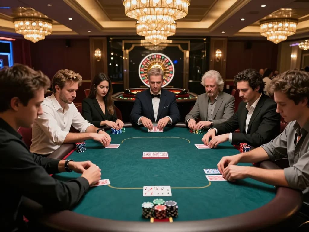 Pergulangan poker yang mendebarkan menangkap esensi strategis defineyouniversity di suasana kasino mewah.