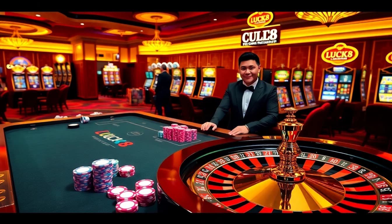 LUCK8 gaming scene showcasing vibrant poker chips and an elegant roulette wheel in a luxurious casino setting.