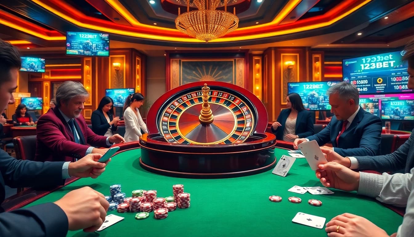 Gamblers thrill at a lively casino scene with 123bet's roulette wheel and vibrant poker chips.
