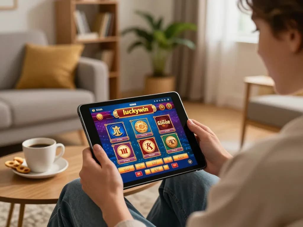 Engaged player enjoying luckywin online casino on a tablet in a cozy home setting