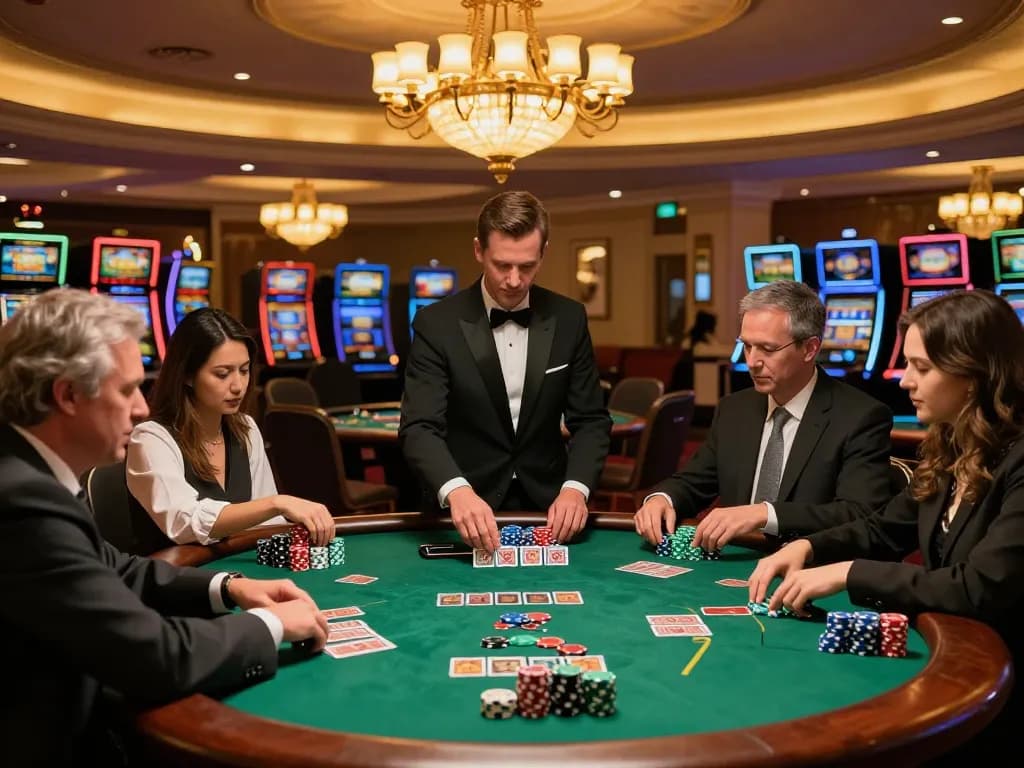 Pemain terlibat dalam permainan blackjack, menunjukkan taktik dan strategi dengan suasana bertema weliveincanada