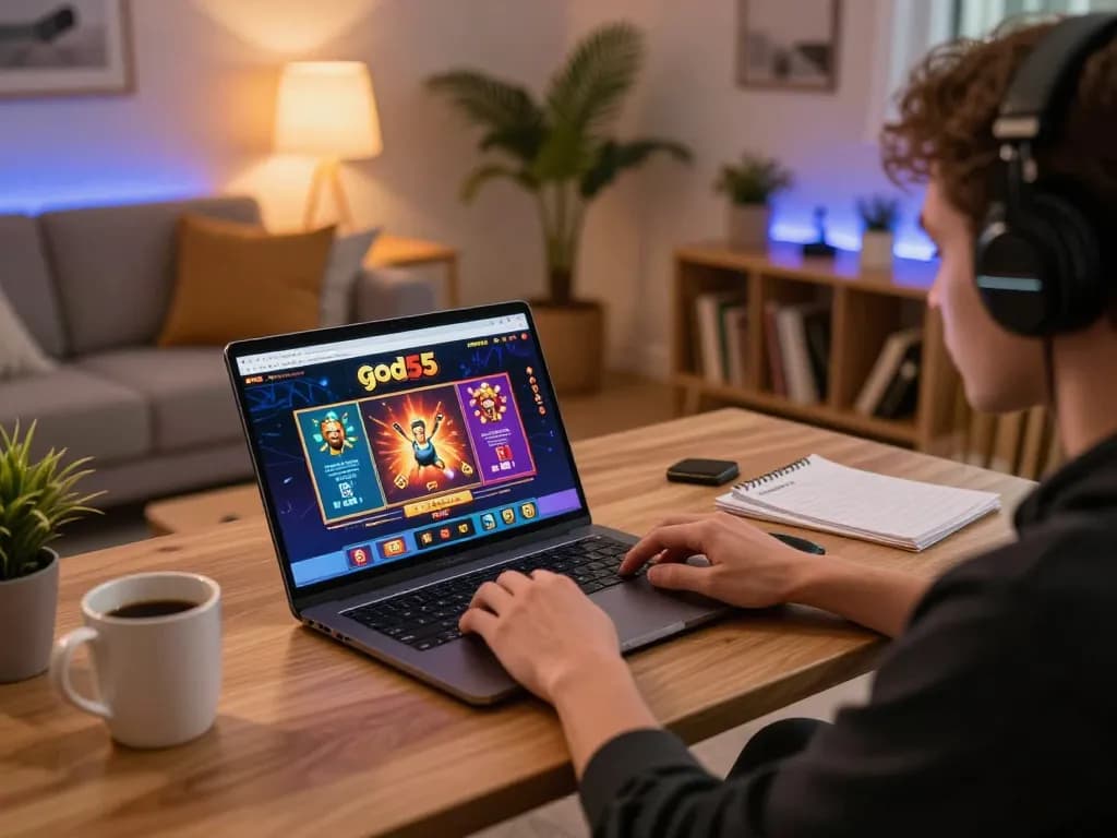 Person engaging in online gaming at home using god55 platform, showcasing dynamic casino experience.