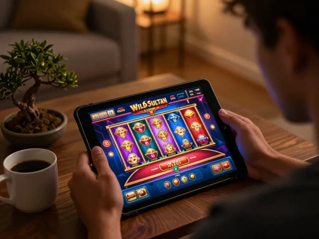 Player engaging with Wild Sultan Casino on a tablet in a cozy home setting, showcasing vibrant gaming visuals.