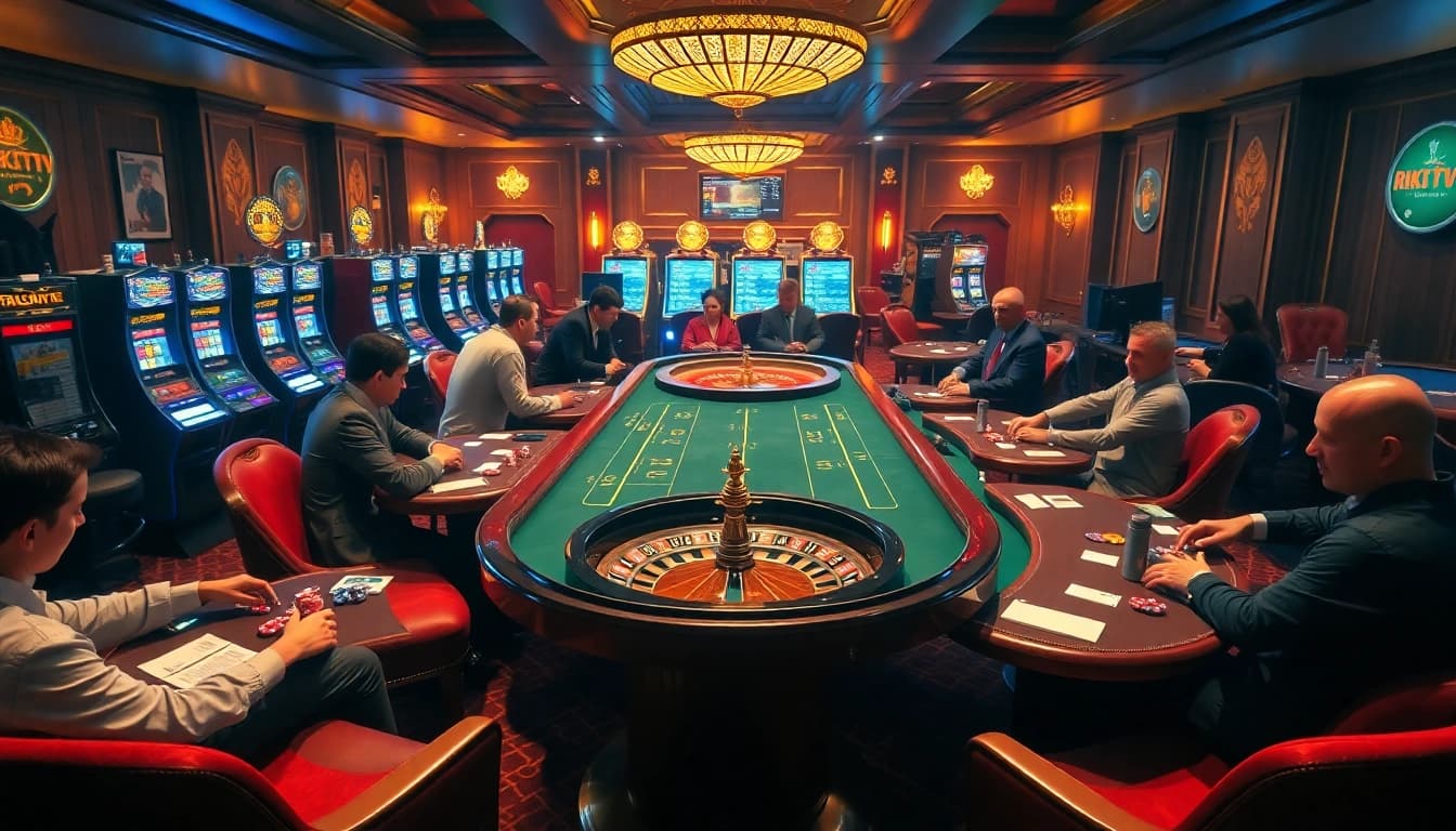 Players strategizing in a luxurious poker game at Rikvip's vibrant online casino.