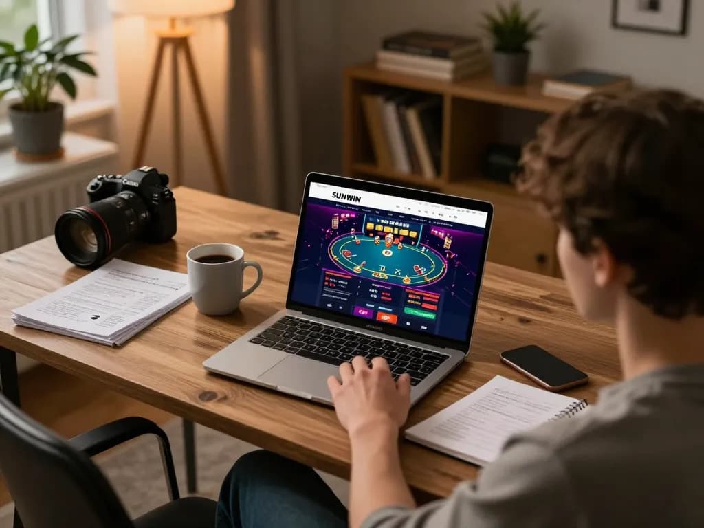 Engaged player experiencing live SUNWIN online casino action while strategizing with notes and coffee.