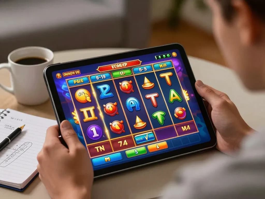 Playing engaging slot pulsa game on a tablet at home, showcasing colorful reels and player immersion.