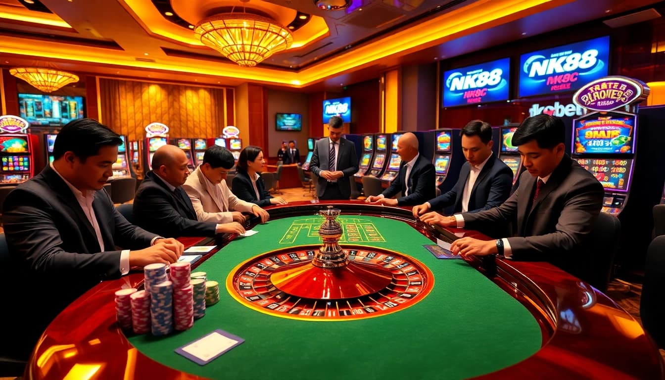 Confident gamblers placing bets on nk88 nhà cái uy tín’s secure and vibrant casino roulette table
