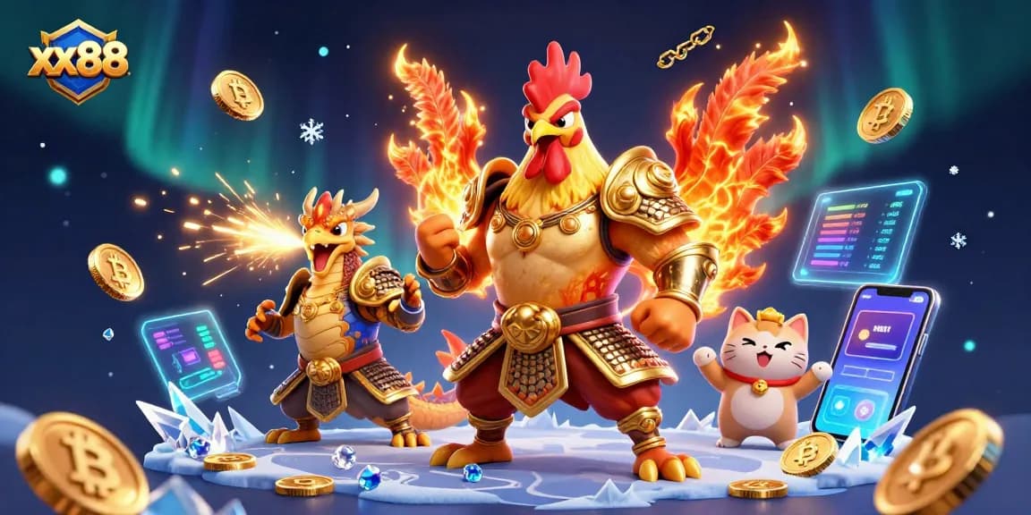 xx88 engages gamblers with vibrant visuals of a rooster warrior and dragon, symbolizing thrilling casino action.