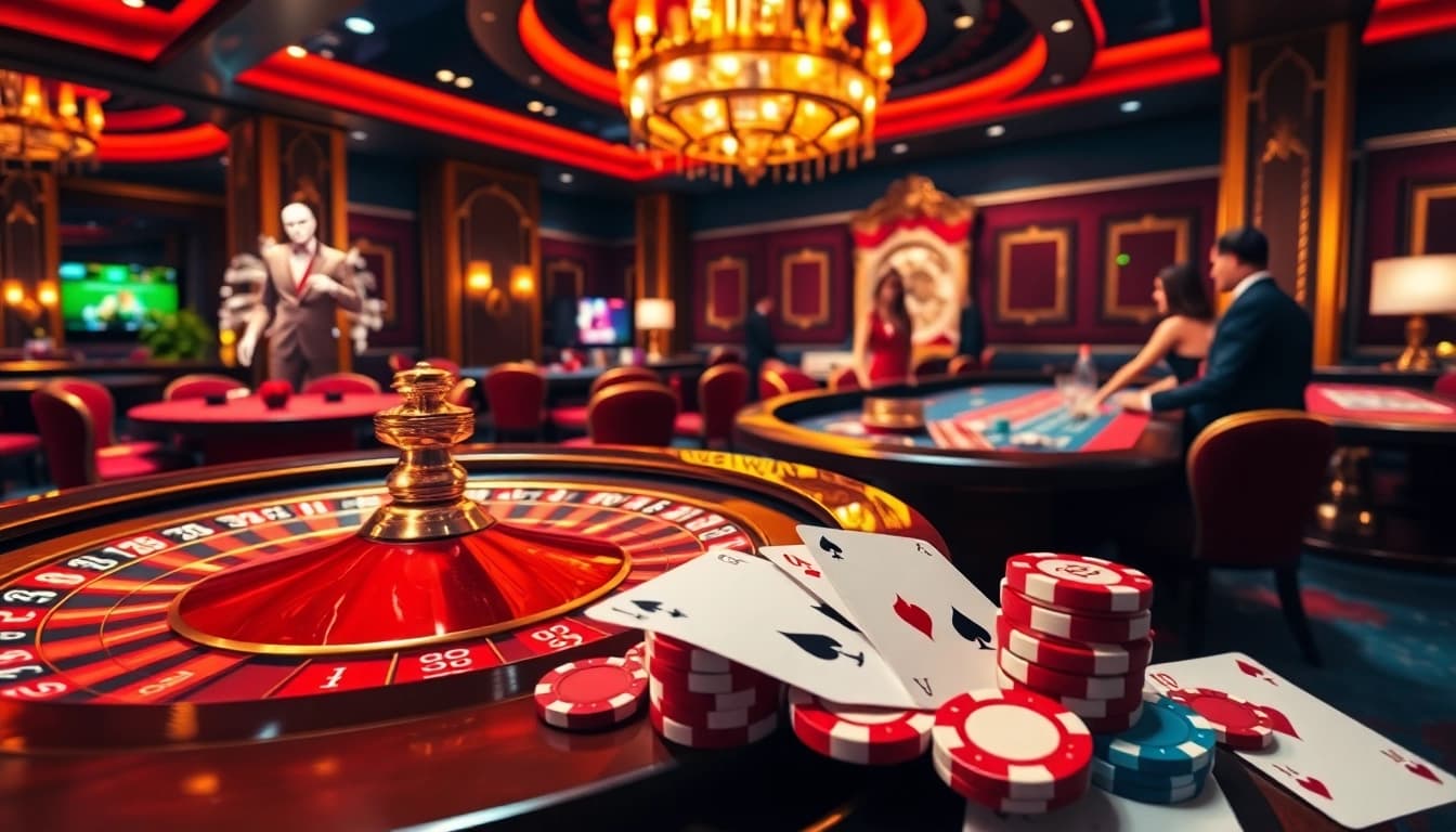 78WIN's luxurious casino scene showcasing engaging dealers and vibrant poker chips.