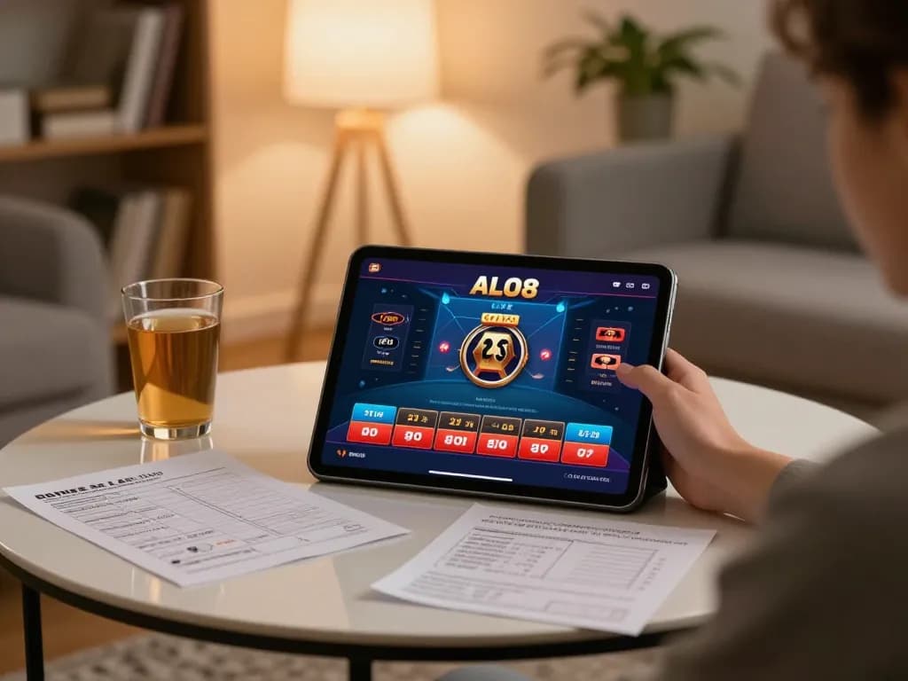 Engaging in ALO8 Live online casino gameplay with tablet on cozy coffee table.