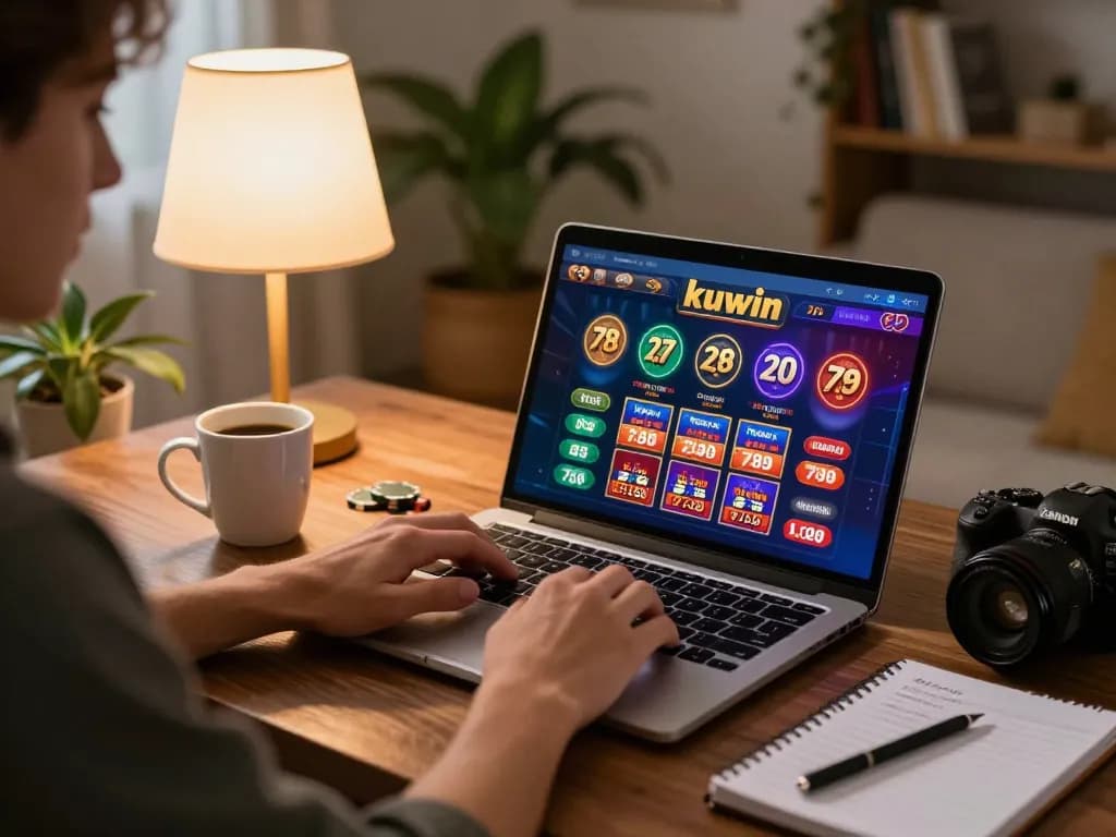 Kuwin 789 player enjoying an online casino game at home with strategic notes