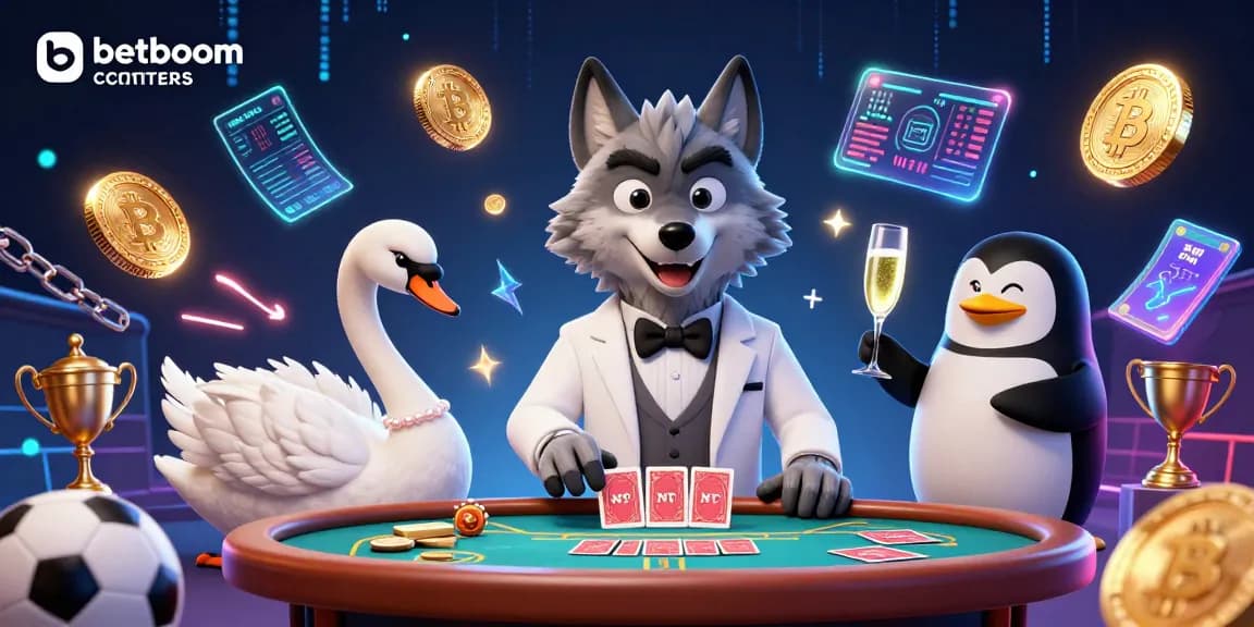 Engage in strategic bets with Betboom скачать as a debonair wolf and friends celebrate at a vibrant sports betting scene.