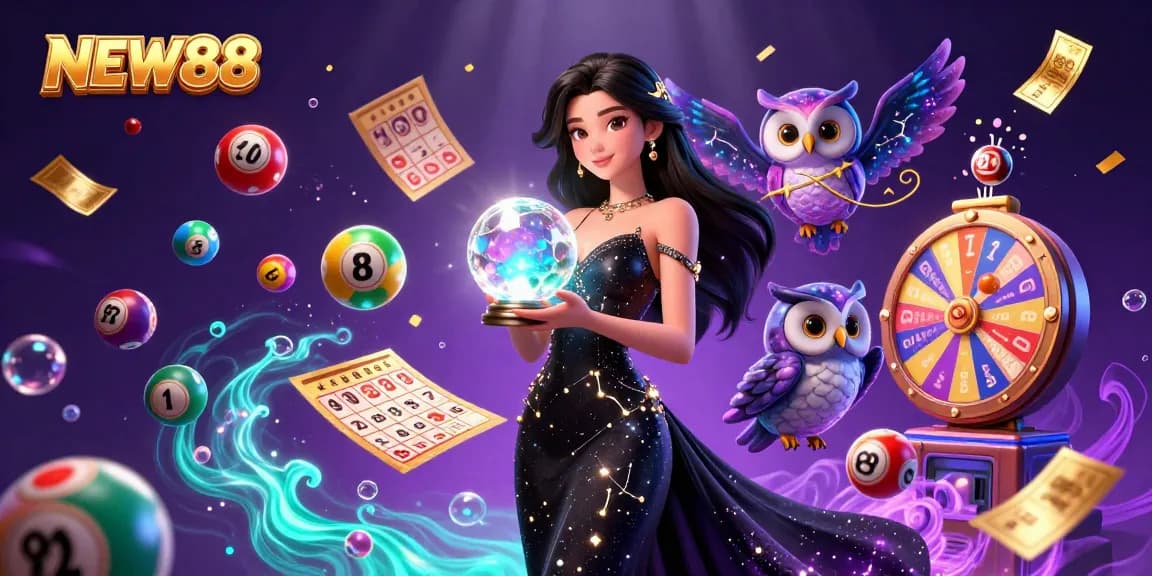 Engage with NEW88's vibrant world, featuring a mystical scene with magic, games, and lottery excitement.