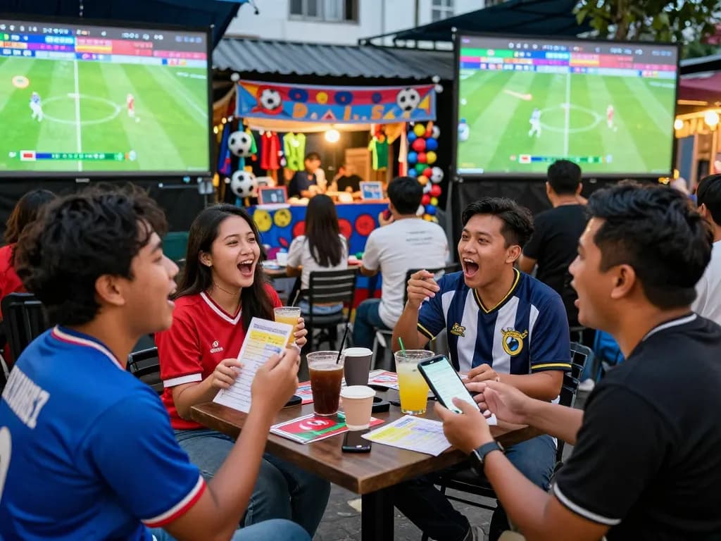 Friends enjoying a lively Judi Bola betting moment while watching football.