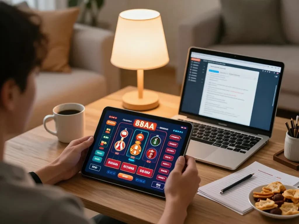 Engaged player using 88AA on tablet for strategic online gambling in a cozy setting