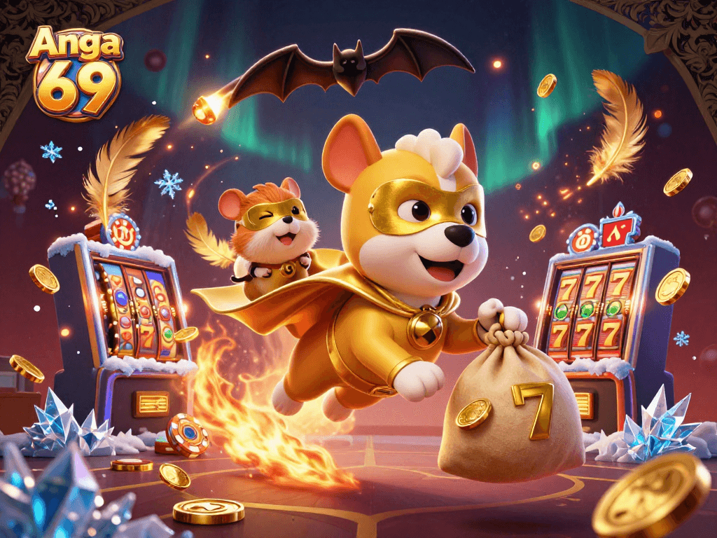 Angka 69 players spin slot reels with a superhero dog and sidekick in a vibrant casino scene.