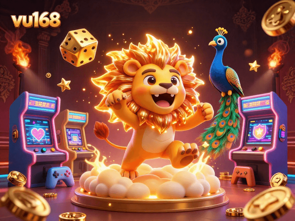 Experience the excitement at vu168 with vibrant casino characters and dynamic game elements in a magical setting.
