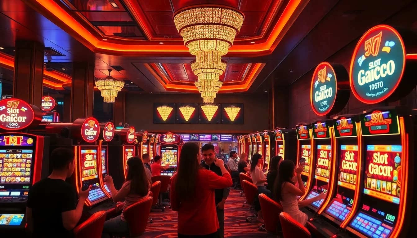 Pemain menang di mesin slot gacor yang berwarna-warni dalam pengaturan kasino mewah