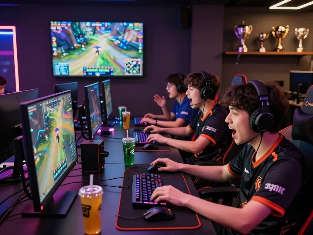Energetic gamers in a modern esports lounge engaging with esports betting, featured in the comprehensive guide at https://gglbetsg.org/gglbet-sg/singapore-esports-betting-guide/.