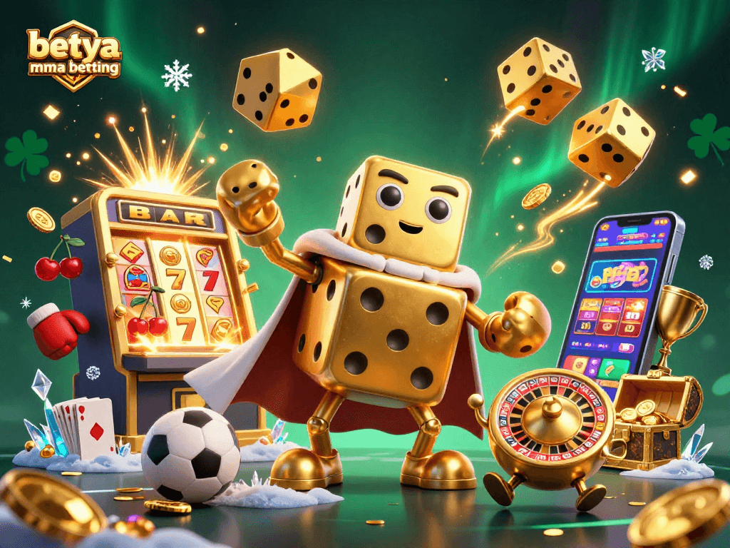 Engage in Betya MMA betting with vibrant 3D illustration featuring dynamic casino elements.