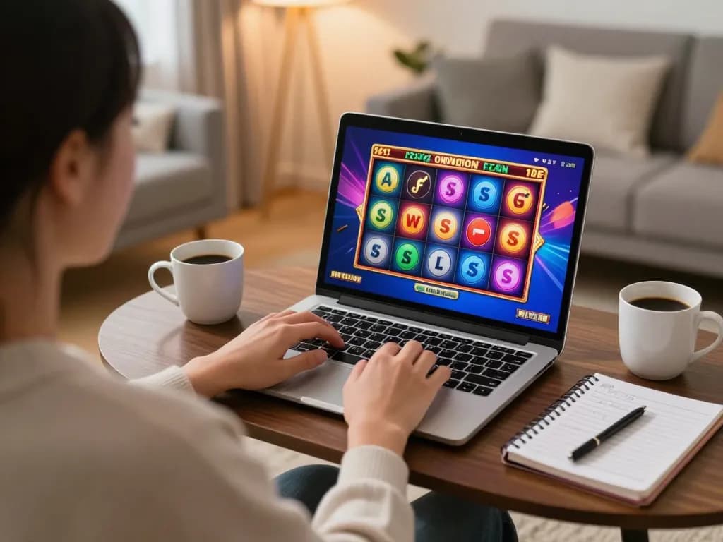 Engaging online gaming experience with megaplus88, cozy home setup featuring laptop and strategy notes.