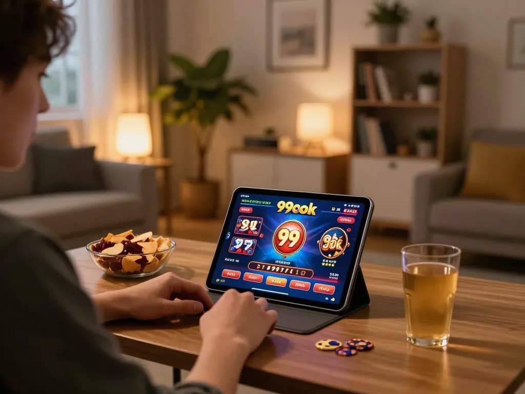 A player engaging in online gaming on 99ok tablet in a cozy home setting.