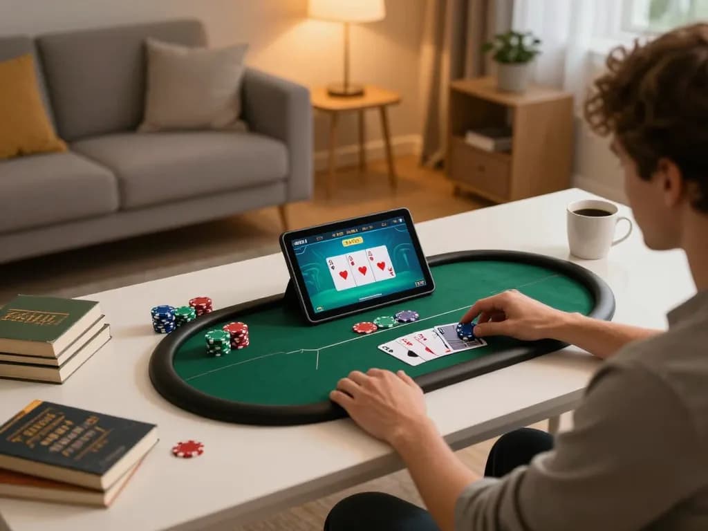 Engaging in online casino gaming with a tablet showing link vào poker game, comfortable home setup