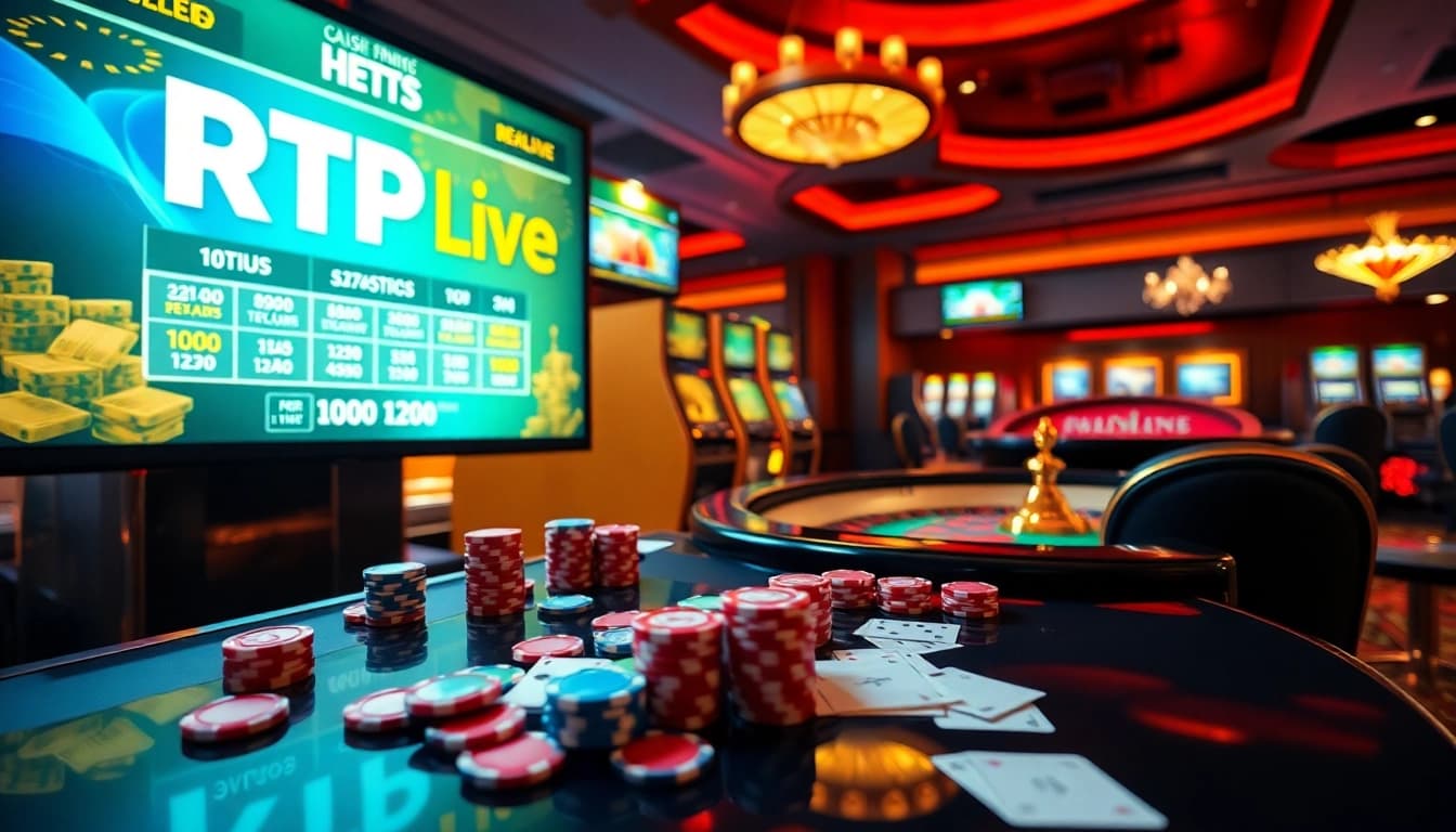 Experience RTP Live statistics on glamorous slot machines in a vibrant casino scene.