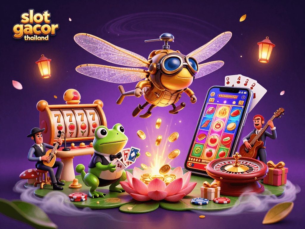 Engage with slot gacor thailand in a vibrant 3D casino scene featuring dynamic characters and game elements.