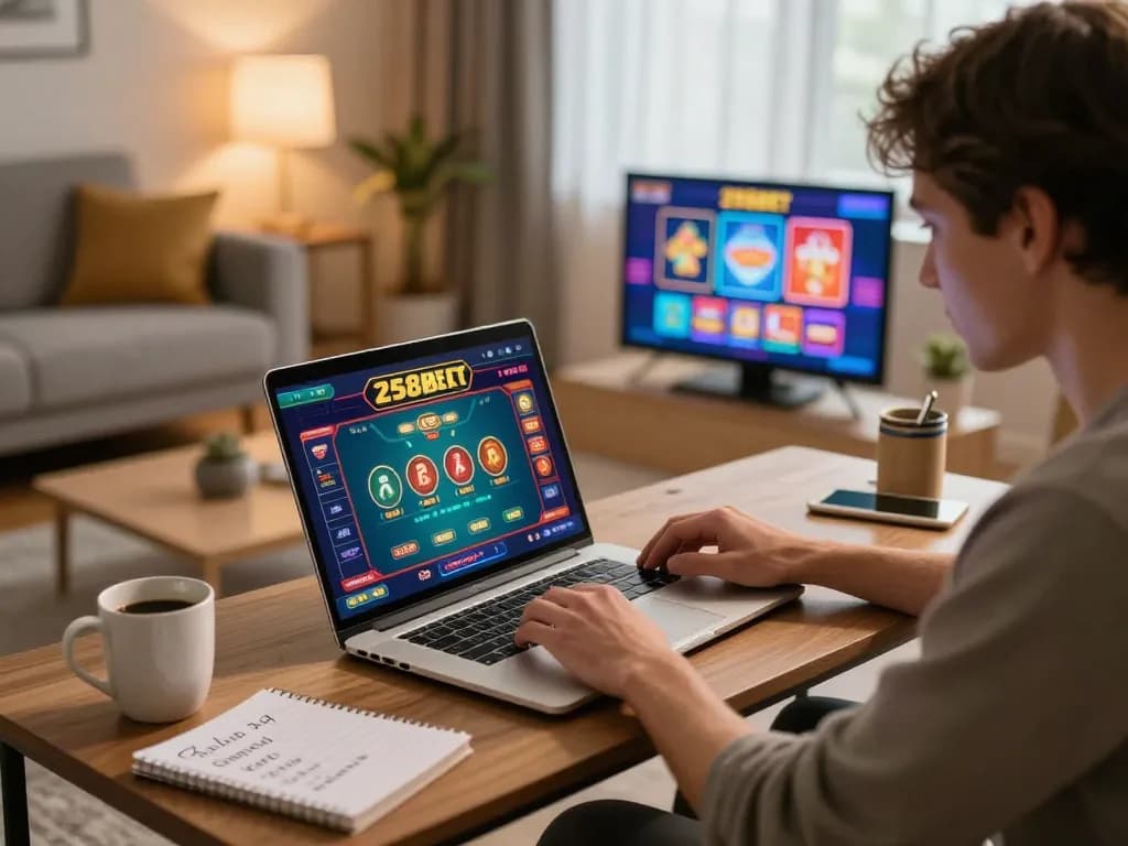 Engaging in strategic online gameplay at 258bet casino from home, featuring a bright laptop display