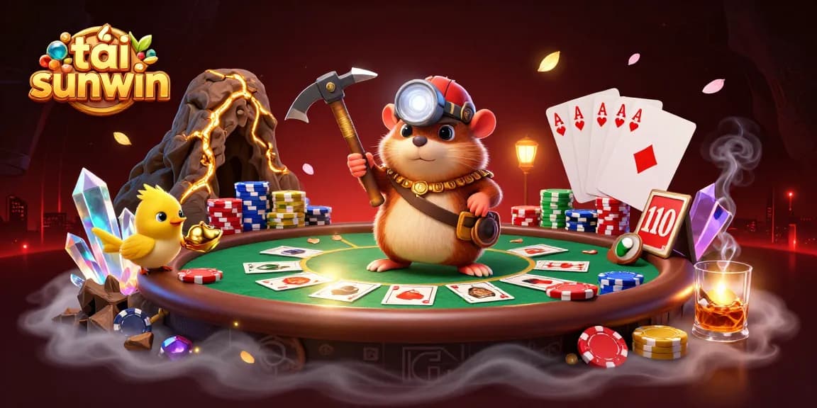Engage with the exciting tải sunwin game amid a treasure-filled cave backdrop, lively poker scene, showcasing vibrant casino elements.