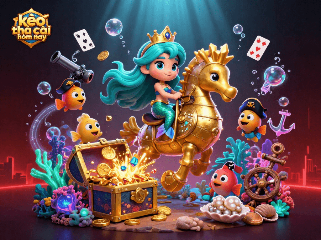 Engage with kèo nhà cái hôm nay in this vibrant underwater casino scene featuring a mermaid princess and treasure.
