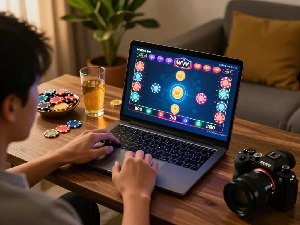 Xóc đĩa online gameplay in a cozy home setup with player engaged in strategic betting.