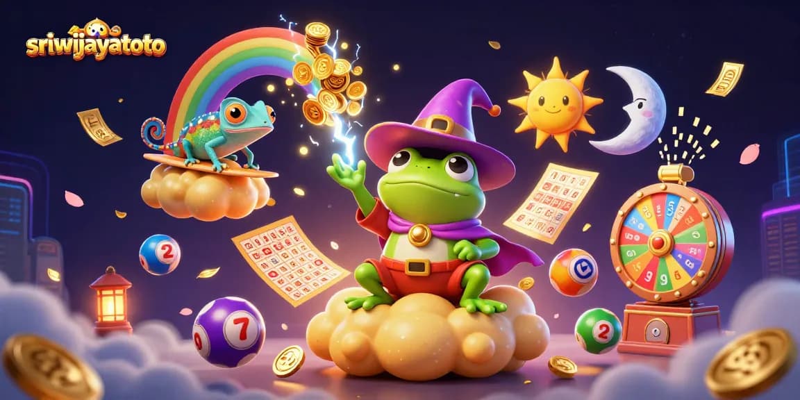 Sriwijayatoto magical scene with a storm of golden coins, animated chameleon, and vibrant gambling elements