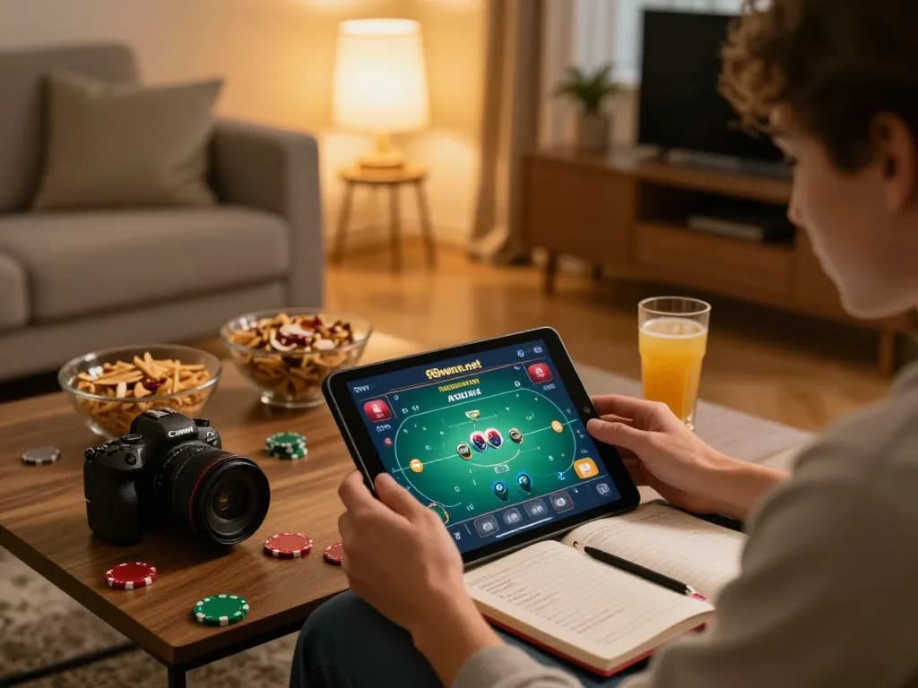 Engaging home gambling experience at https://98winn.net/ with a player strategizing during an online poker game on a tablet.