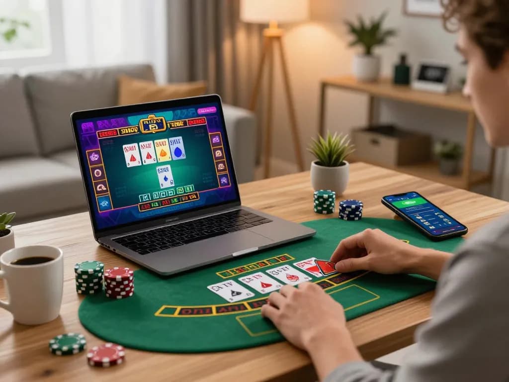 Player enjoying a live blackjack game with SC88 interface on laptop in cozy home setup