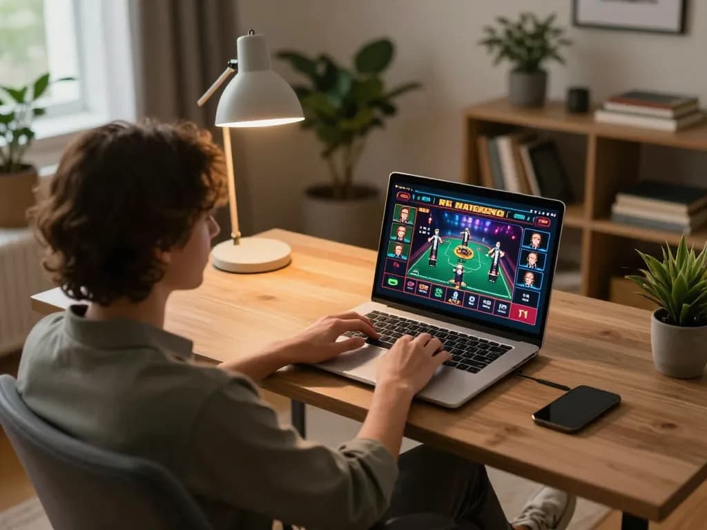 Engaging in online gambling at home with BK8's dynamic gaming interface displayed on a laptop, showcasing a modern and cozy atmosphere.