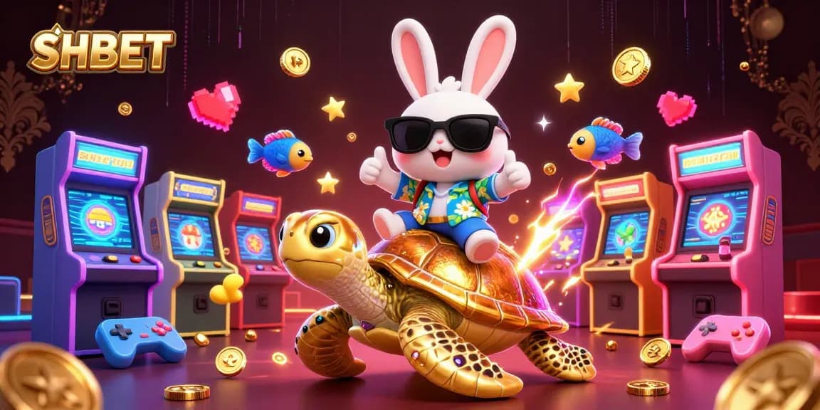 Spin and win at SHBET with the lucky rabbit on a golden sea turtle, vibrant casino fun.