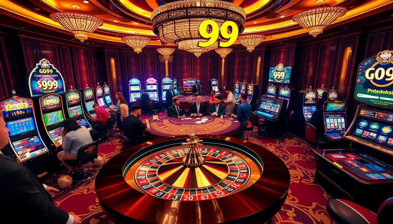 Experience the excitement of Go 99 with vibrant casino visuals showcasing roulette, poker, and slot gaming.