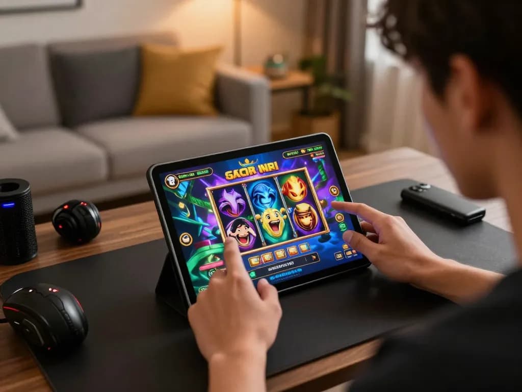 Engaged in a slot gacor hari ini session on a tablet, showcasing vibrant game graphics and strategic gameplay.