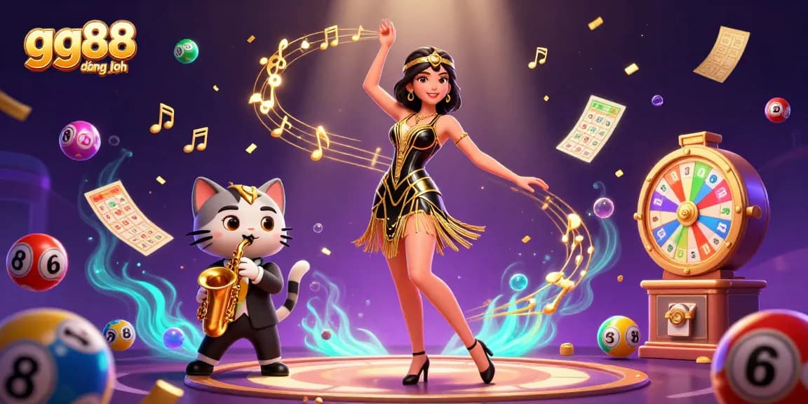 Join the excitement of gaming with gg88 đăng nhập as sparkling confetti and lottery elements surround lively characters.
