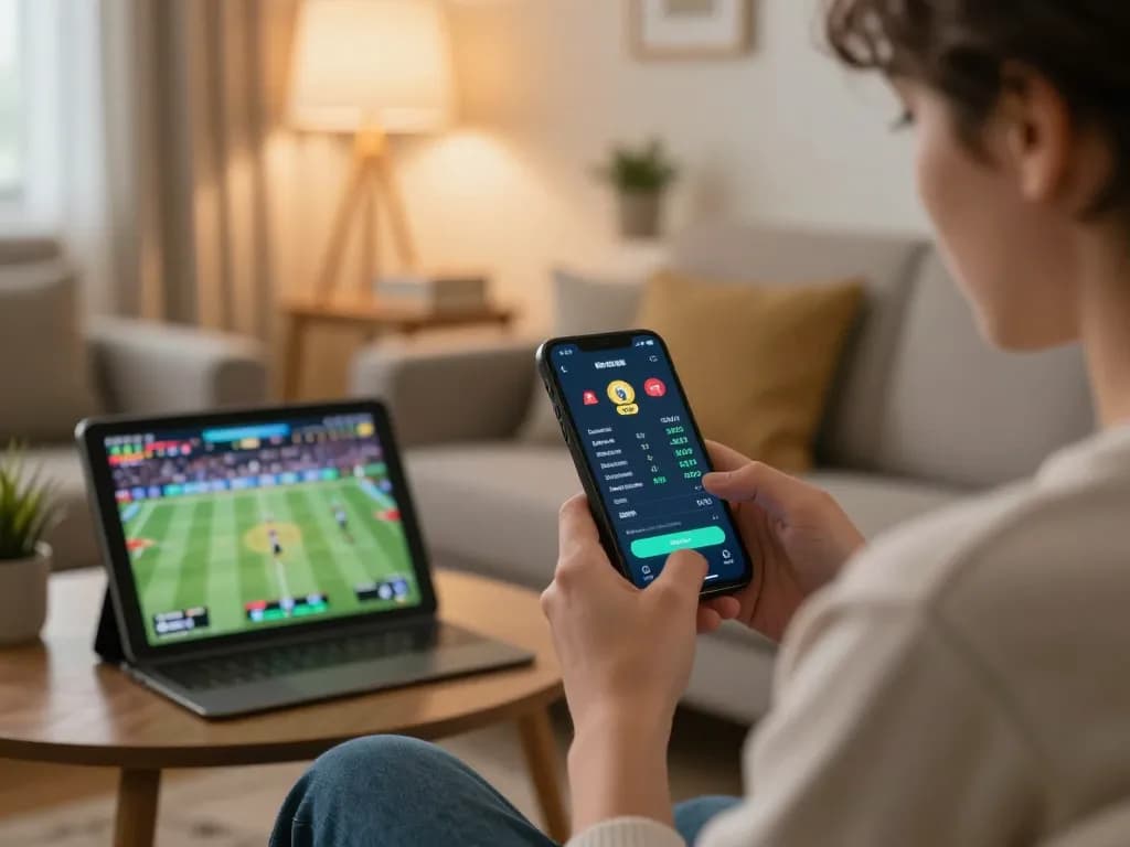 MPO1221 pengguna terlibat dalam taruhan olahraga langsung di perangkat seluler, menunjukkan kegembiraan untuk perjudian online.
