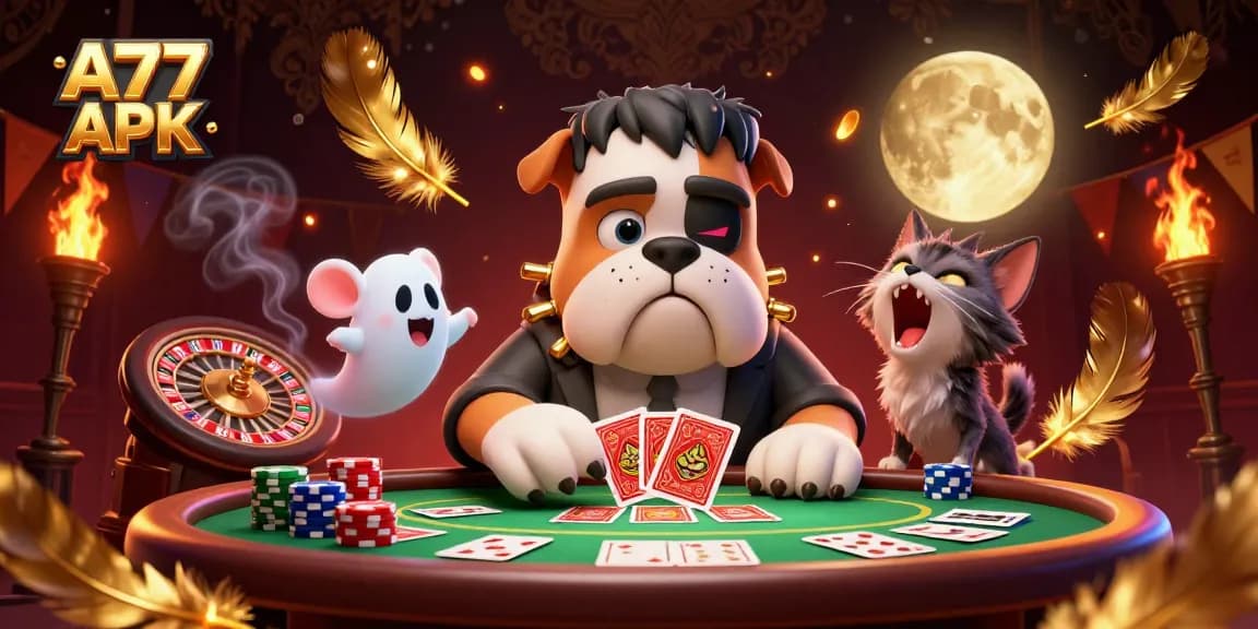 Experience the thrill with A77 APK in this vibrant casino scene featuring unique 3D characters.