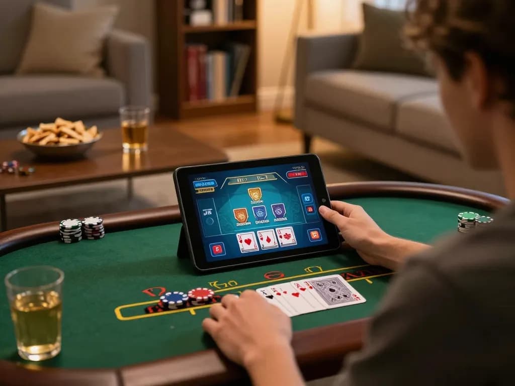 Enjoying a live dealer blackjack game with au88 on a tablet in a cozy home setting.