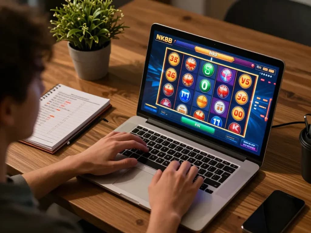 Navigating NK88's gaming platform on a laptop, showcasing a vibrant online slot game.