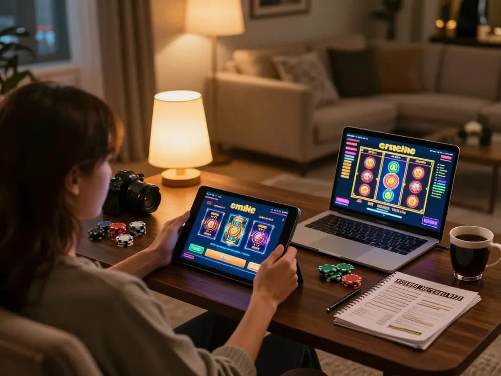 Play at cm88 with an engaging home gaming setup, showcasing a tablet and strategy notes.