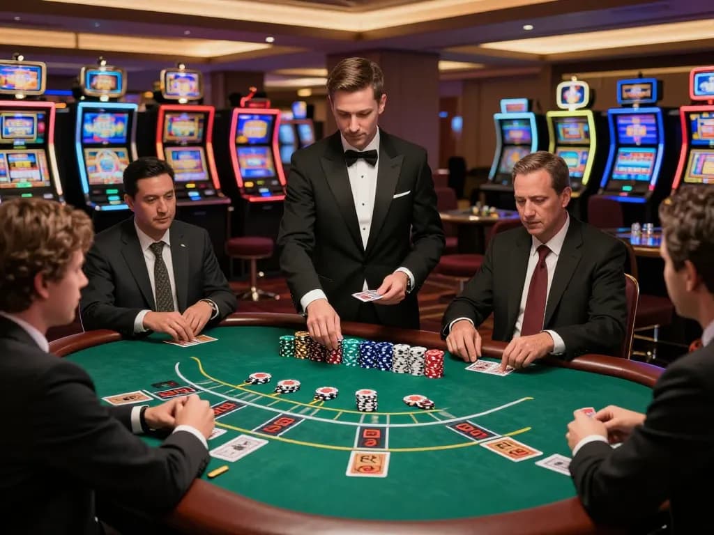 Players at RR88 enjoy an intense blackjack game in a luxurious casino setting, showcasing strategic gameplay.